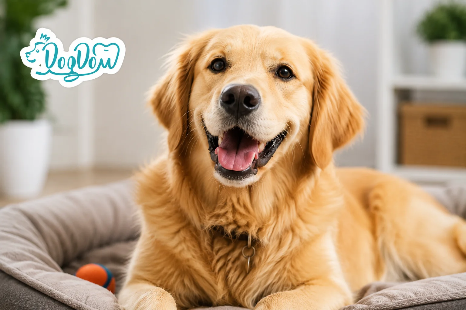 Happy golden retriever resting at home