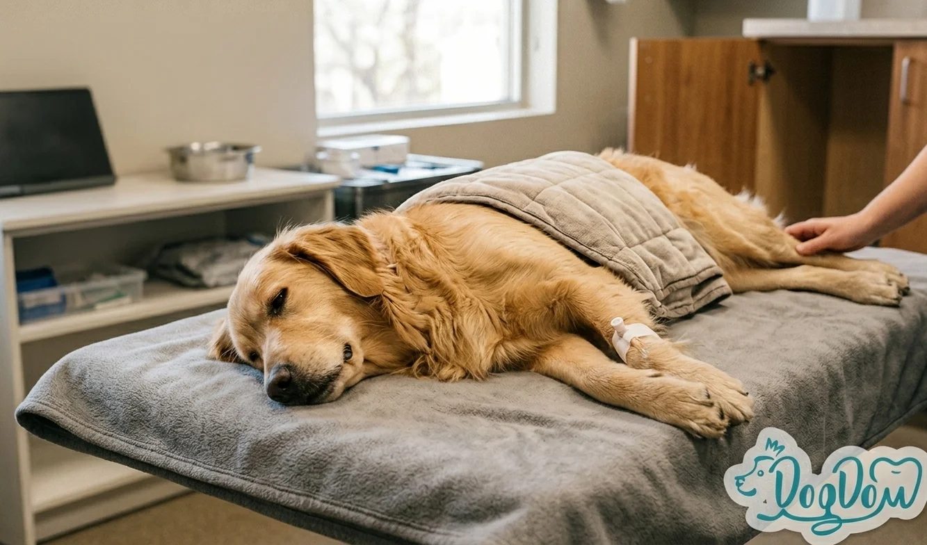 Imagen de un perro Golden Retriever feliz y saludable descansando cómodamente en su cama, representando el objetivo de una recuperación segura tras la anestesia.