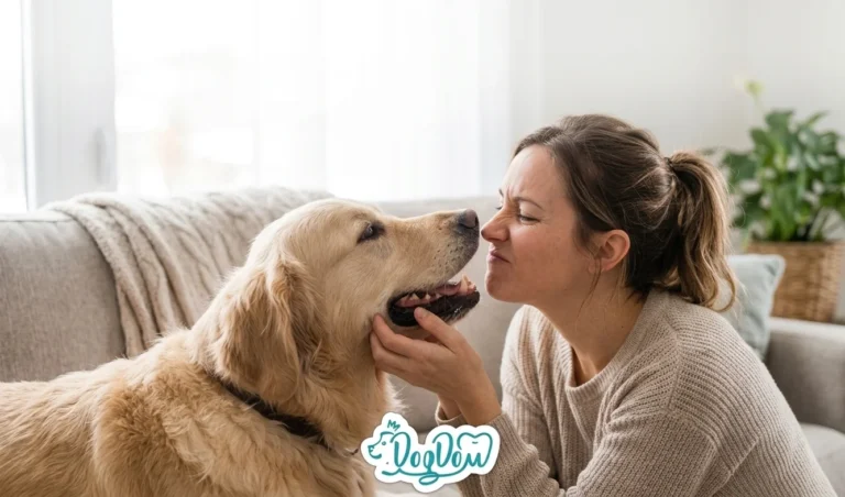 Woman making a face at her Golden Retriever's bad breath while inspecting its teeth on a living room couch.