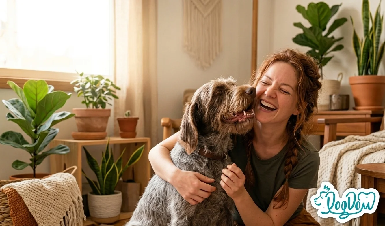Happy woman smiling while hugging her scruffy dog in a cozy living room, enjoying fresh dog kisses.
